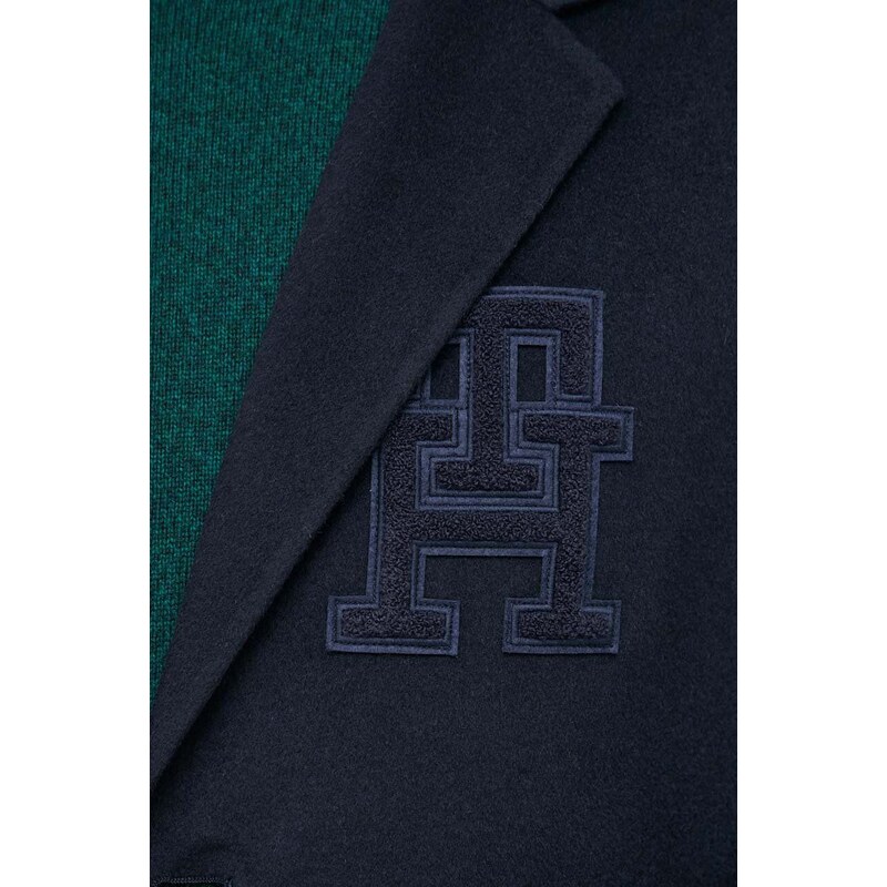 Vlnený kabát Tommy Hilfiger tmavomodrá farba, prechodný