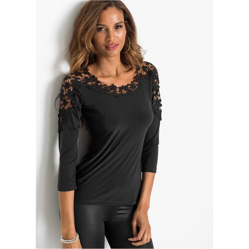 bonprix Tričko s háčkovanou časťou, 3/4 rukáv, farba čierna 45757802