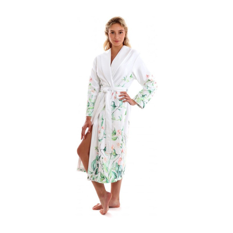 Dámsky župan s golierom JULIA 2151 0001 Biela s kvetmi - Vestis 49767552