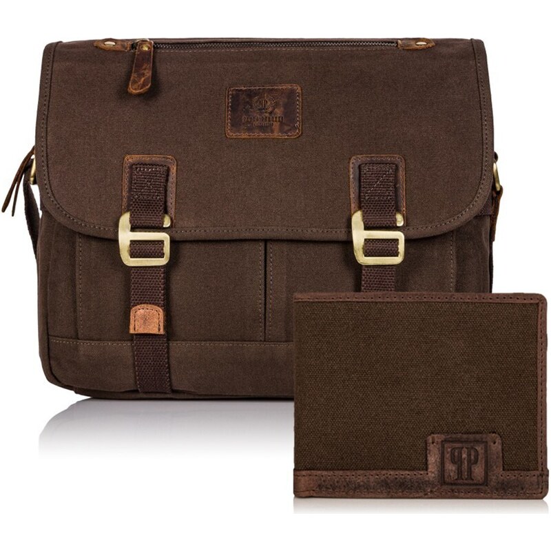 PAOLO PERUZZI Pánsky set taška cez rameno + peňaženka ZUP-17-BR | hnedá ZUP-17-BR