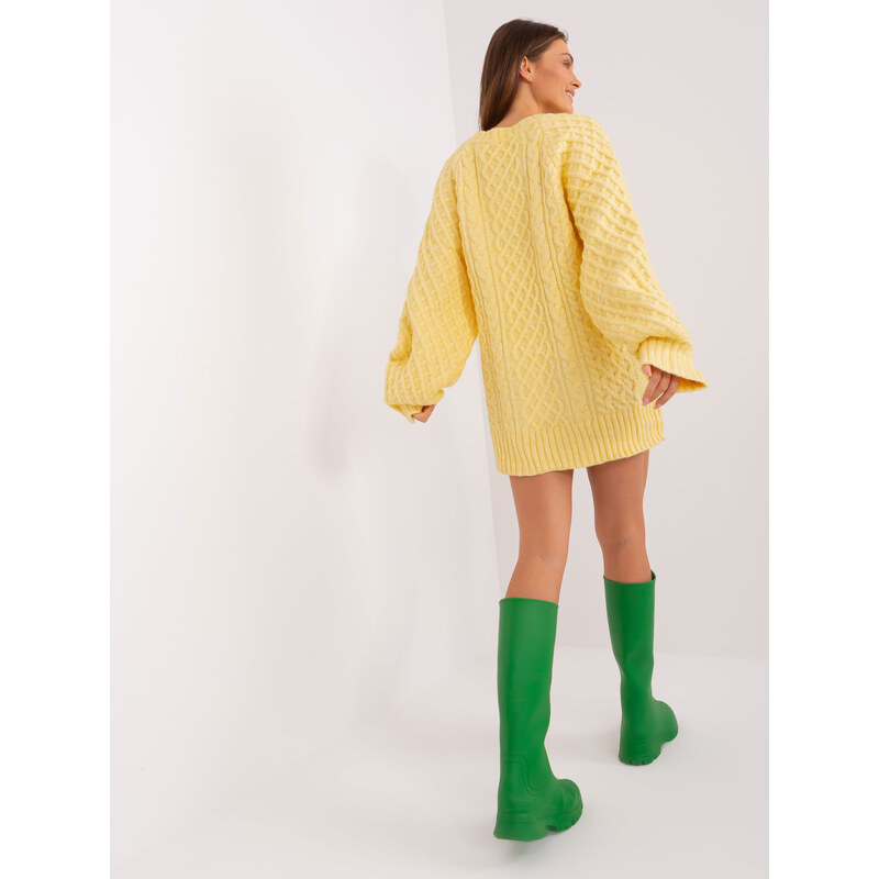 WOOL FASHION ITALIA Žlté pletené oversize mini šaty so vzorovaným úpletom