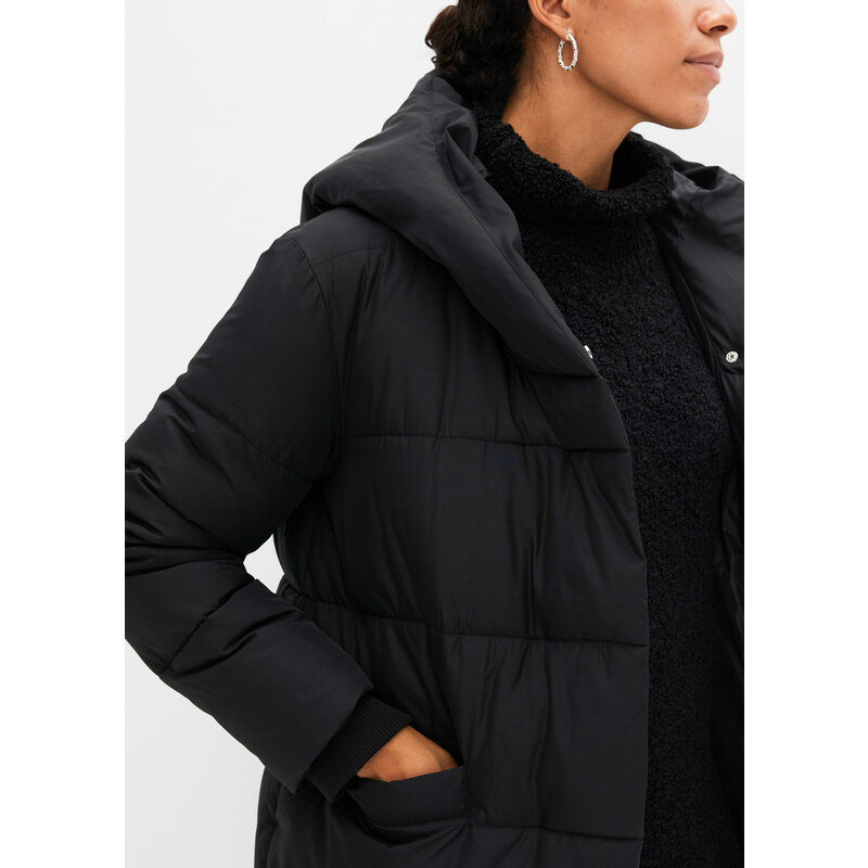 bonprix Vatovaný kabát, oversize, s kapucňou, z recyklovaného polyesteru, farba čierna