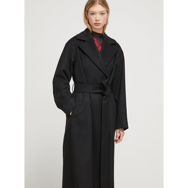 Vlnený kabát HUGO čierna farba, prechodný