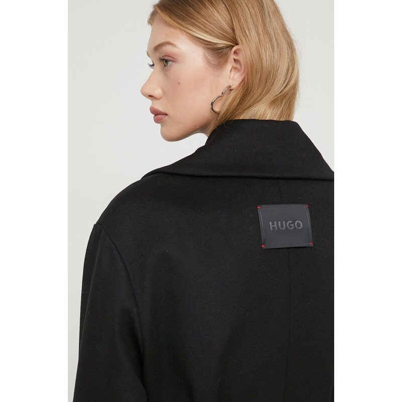 Vlnený kabát HUGO čierna farba, prechodný