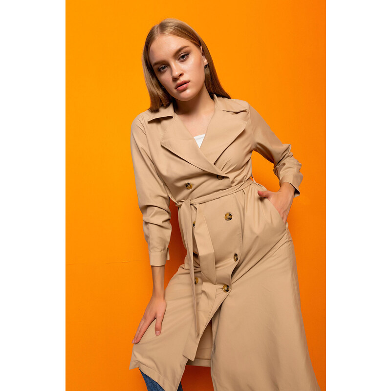 HAKKE Double Breasted Neck Trench Coat