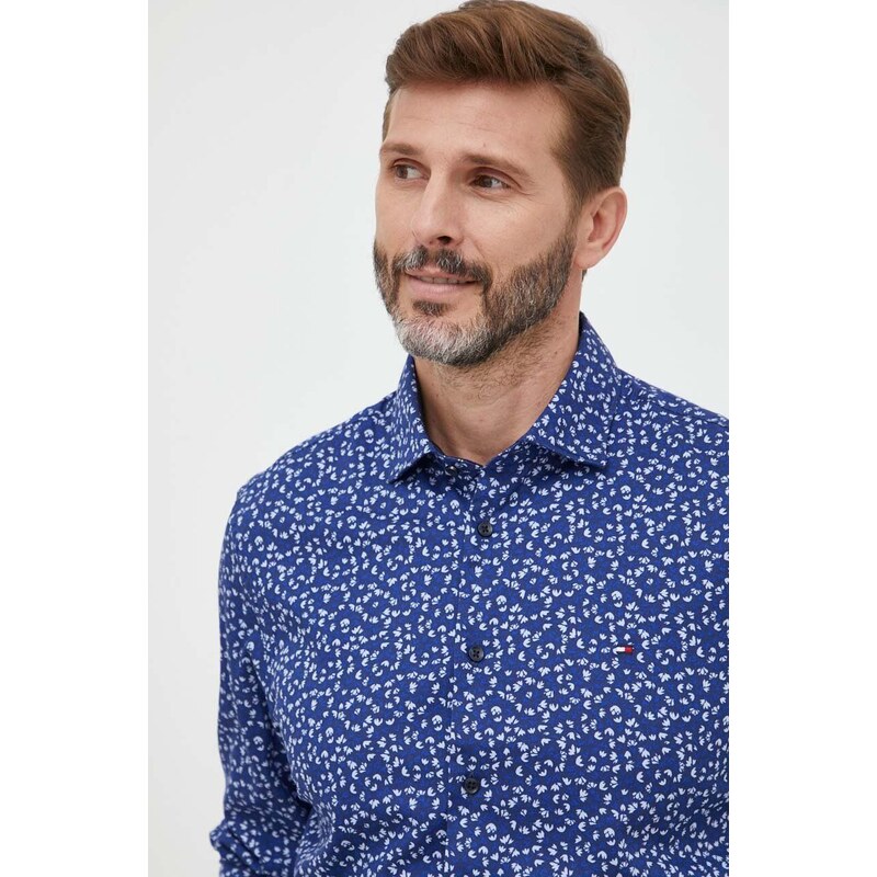 Bavlnená košeľa Tommy Hilfiger pánska, tmavomodrá farba, slim, s talianskym golierom