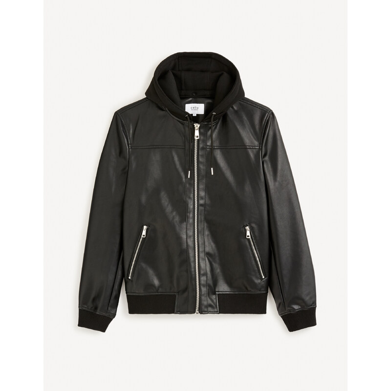 Čierna pánska koženková bunda s kapucňou Celio Fumati 50516920