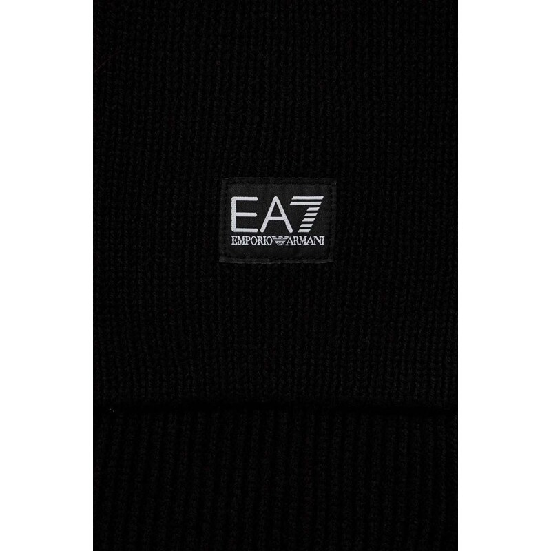 Šál s prímesou vlny EA7 Emporio Armani čierna farba, jednofarebný
