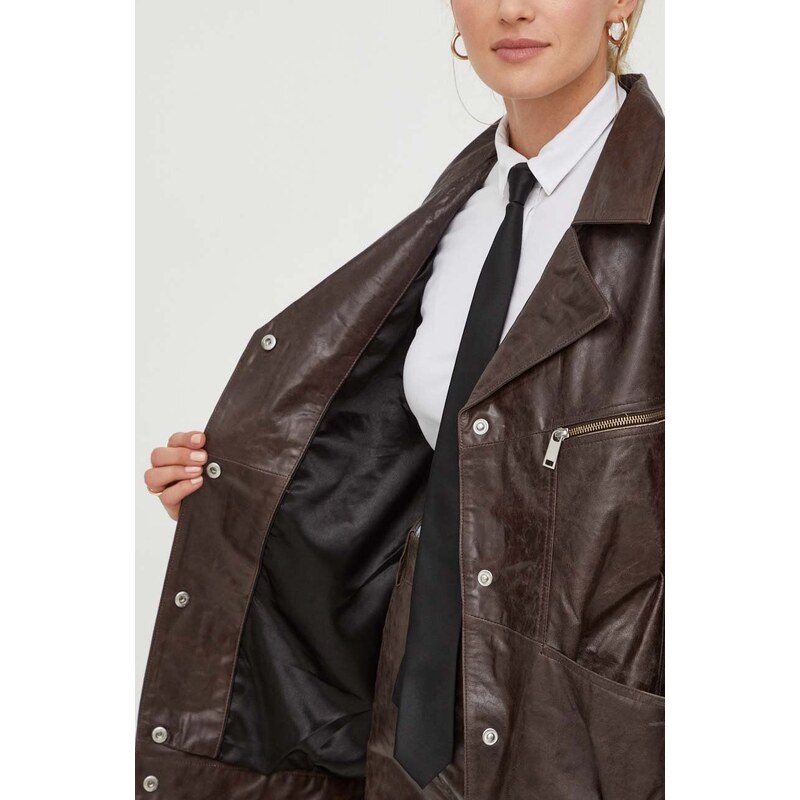 Kožená bunda Gestuz dámska, hnedá farba, prechodná
