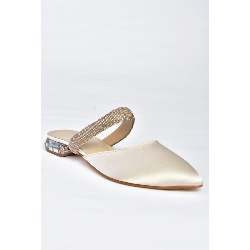Fox Shoes M272032104 Beige Satin Fabric Slippers with Stones