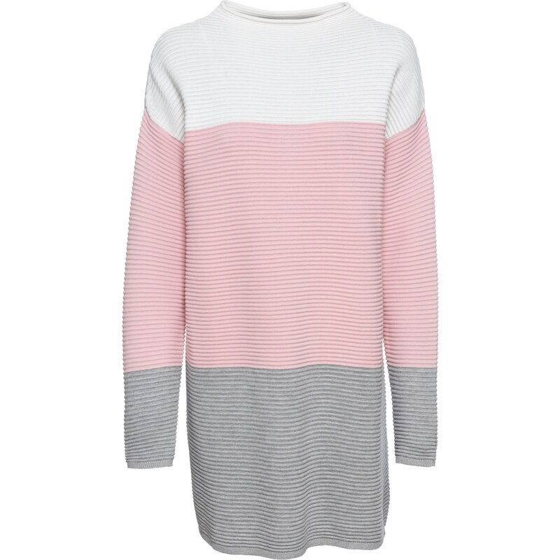 bonprix Pásikovaný dlhý pulóver, farba biela 45122484