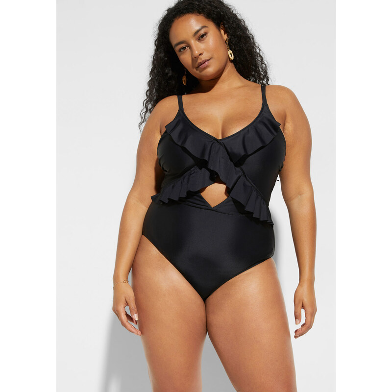 bonprix Jednodielne plavky s prestrihom a volánmi, farba čierna 44790501