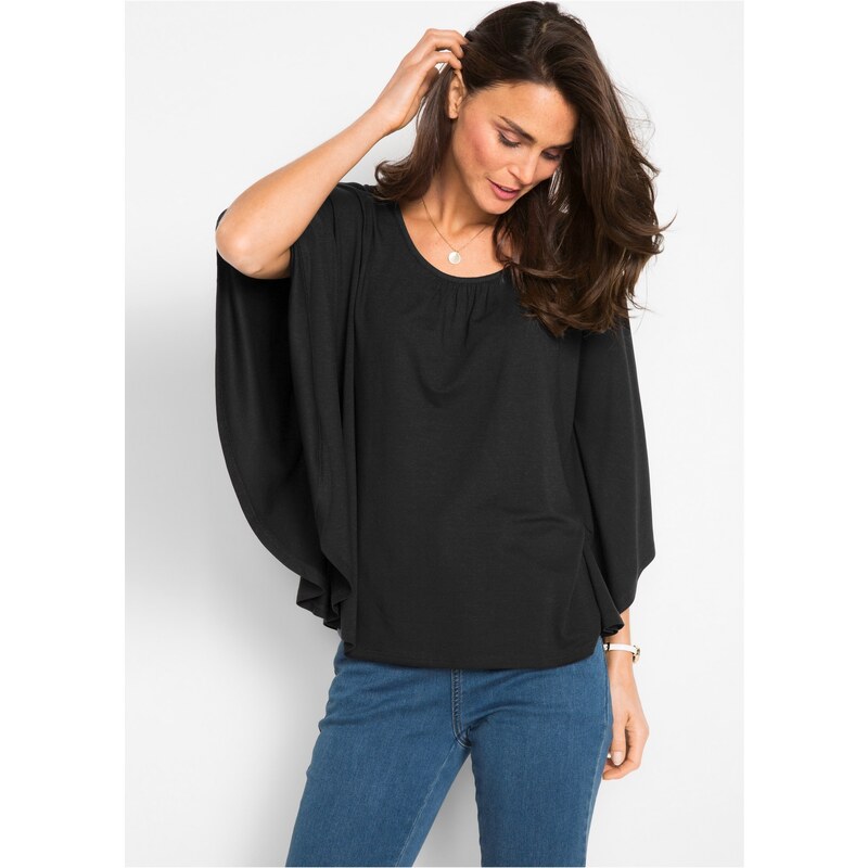 bonprix Viskózové tričko s netopierími rukávmi, farba čierna 44799335
