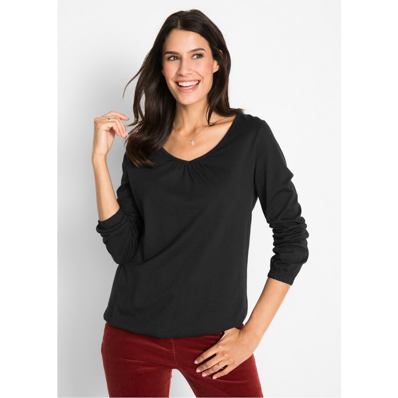 bonprix Bavlnené tričko s dlhým rukávom s gumičkou, farba čierna 44736990