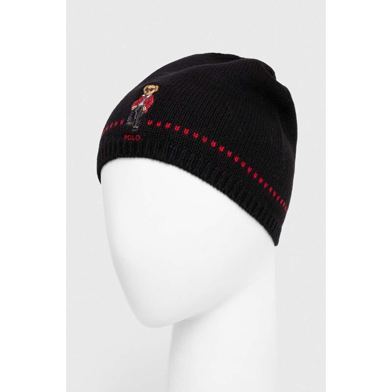 Vlnená čiapka Polo Ralph Lauren čierna farba, z tenkej pleteniny, vlnená, 455931401