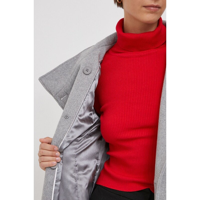 Vlnený kabát Dkny šedá farba, prechodný, dvojradový