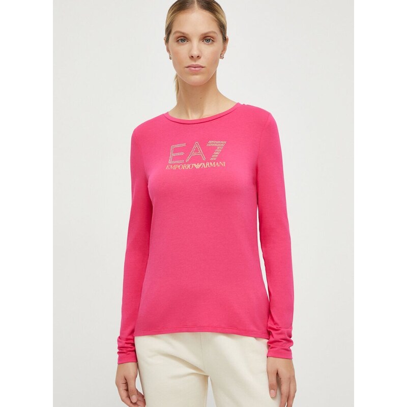Tričko s dlhým rukávom EA7 Emporio Armani dámsky, ružová farba
