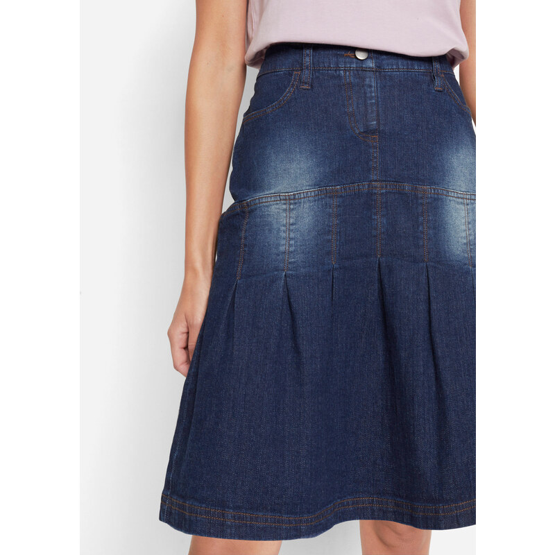 bonprix Džínsová sukňa so záhybmi a pohodlným pásom, A strih, farba modrá