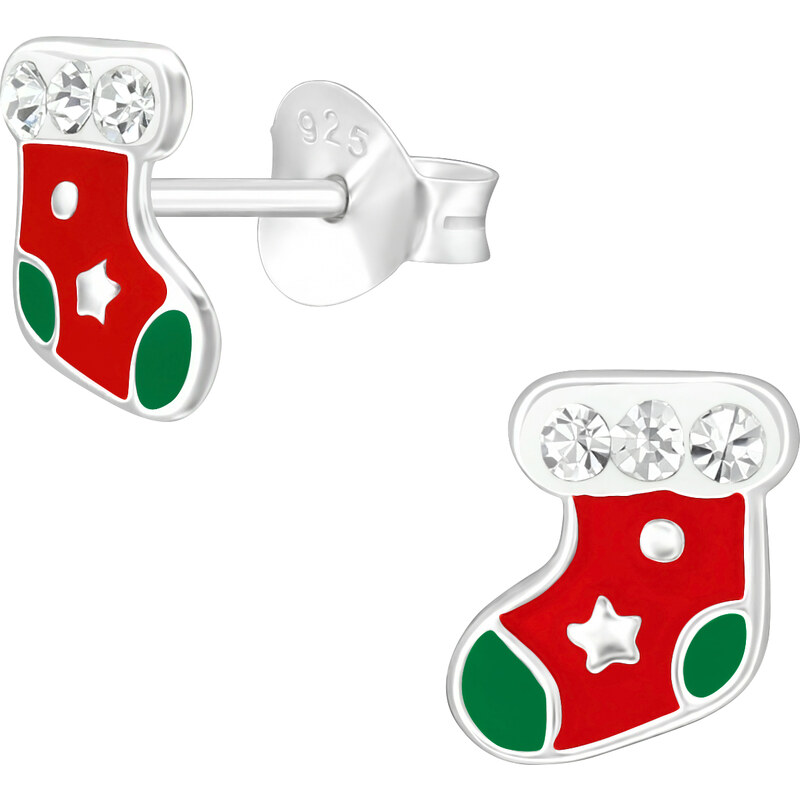MAJYA Strieborné náušnice VIANOČNÁ PUNČOCHA s kamienkom 10595 64581251