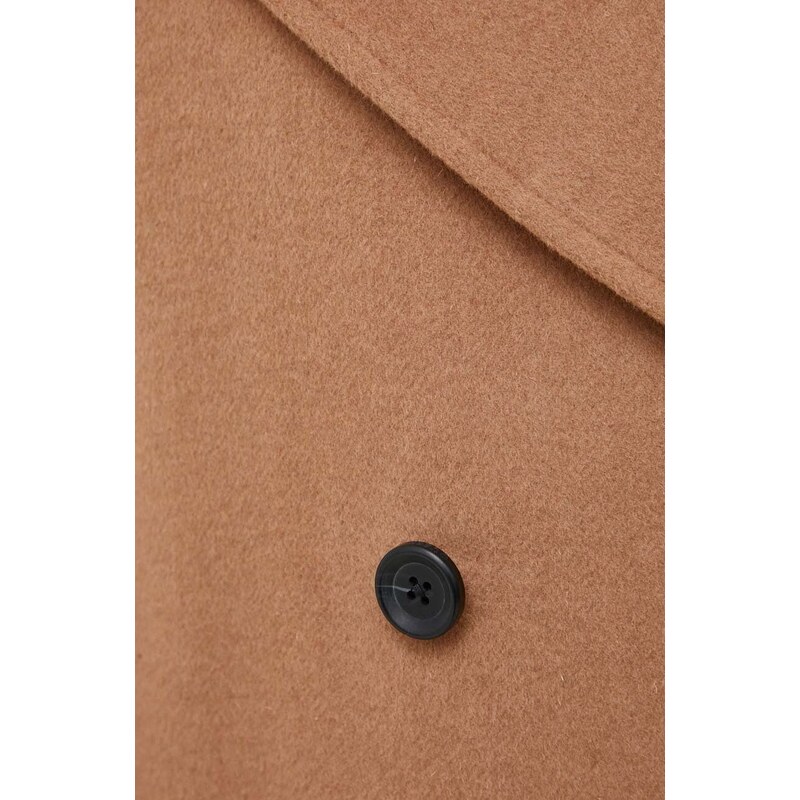 Vlnený kabát Guess hnedá farba, prechodný, dvojradový