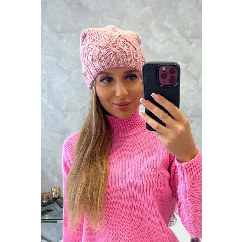 MladaModa Dámska čiapka so zirkónmi K383 pudrovo ružová 46491255