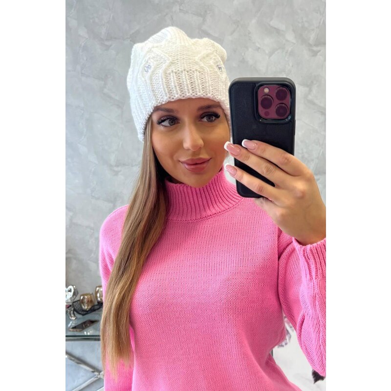 MladaModa Dámska čiapka so zirkónmi K383 biela 46491256