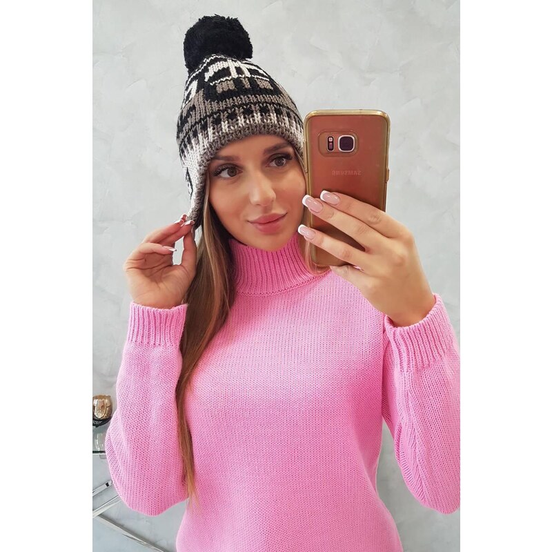 MladaModa Dámska čiapka s brmbolcom Rosa K368 čierna+mocca+béžová 46491332