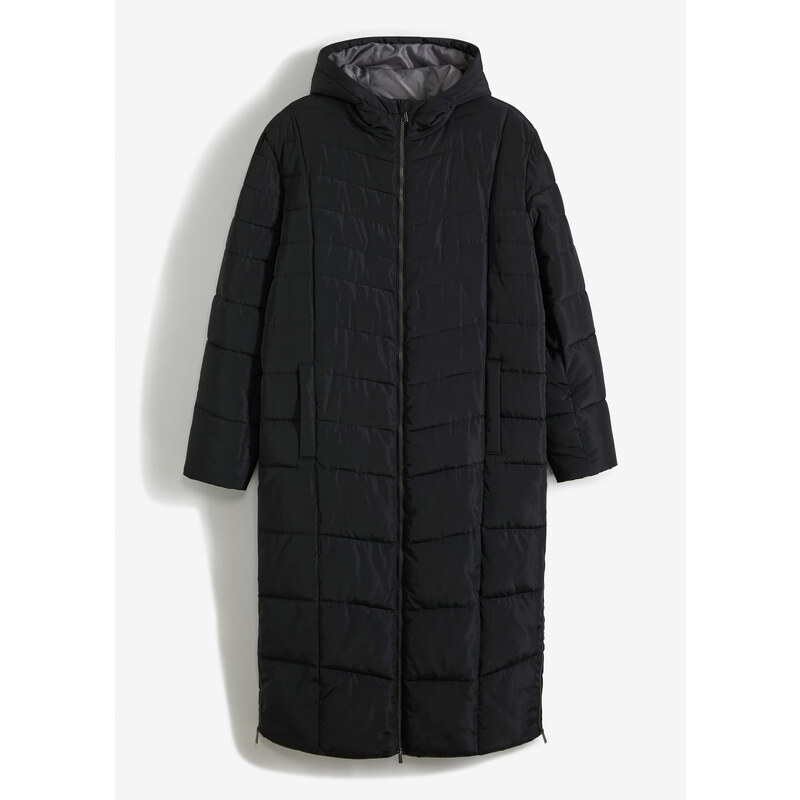 bonprix Dlhý prešívaný kabát s kapucňou, farba čierna 46497022