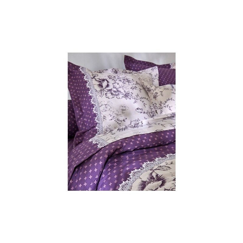 Blancheporte Flanelová posteľná bielizeň Gabrielle s potlačou kvetín a čipky slivková 090