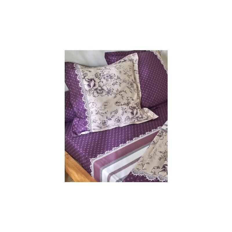 Blancheporte Flanelová posteľná bielizeň Gabrielle s potlačou kvetín a čipky slivková 090