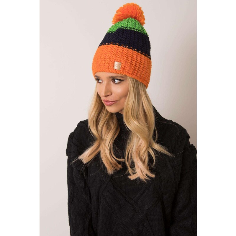MladaModa Trojfarebná dámska čiapka s brmbolcom model 1859 oranžová 28090218