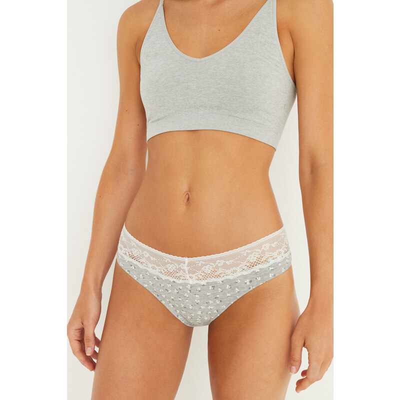 womensecret Bavlnené sivé klasické nohavičky s čipkou 46571452