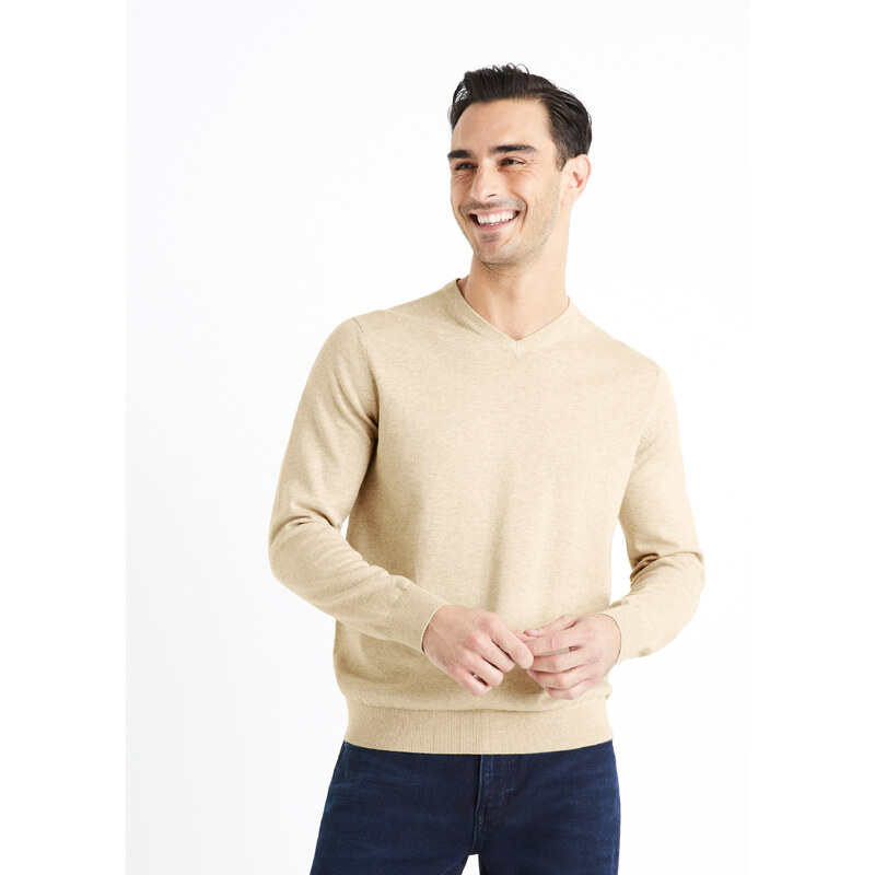 Béžový pánsky basic sveter Celio Decotonv 50552554