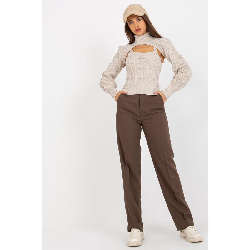 MladaModa Súprava úpletového topu a svetra model 80159 svetlá béžová 49210499