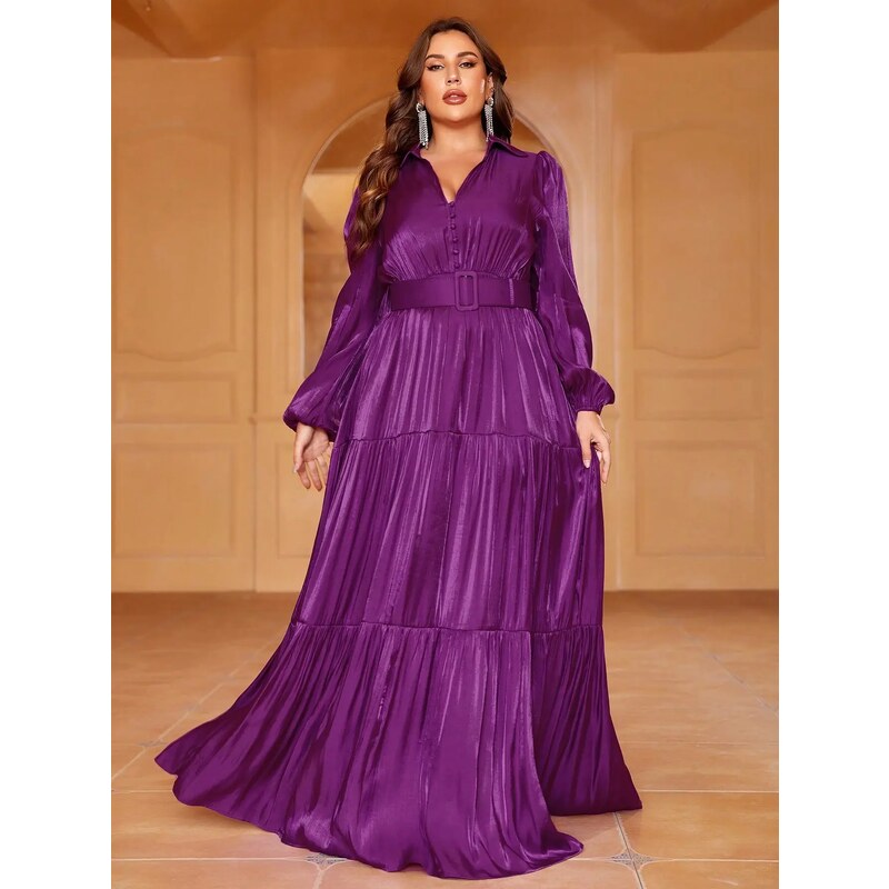 venusamoda Lesklé šifónové šaty s opaskom fialové