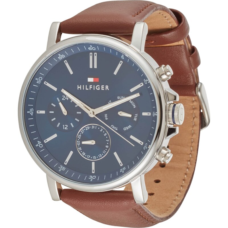 TOMMY HILFIGER Analógové hodinky námornícka modrá / hnedá / strieborná 46603029