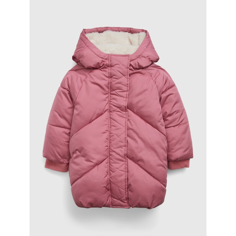 Ružová dievčenská zimná prešívaná bunda s umelým kožúškom GAP 50552453