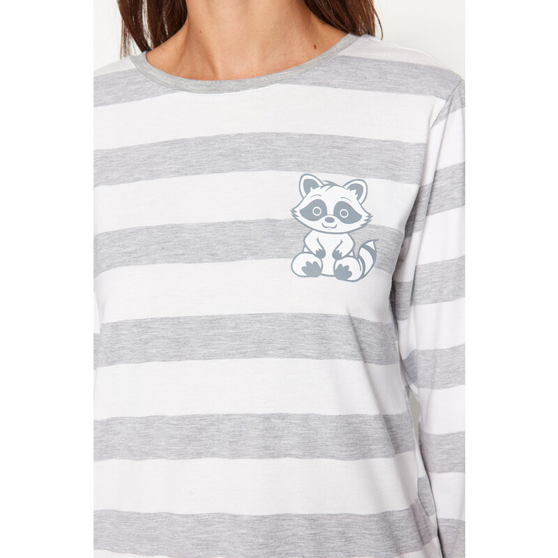 Trendyol Gray Striped Animal Print Tshirt-Pants and Knitted Pajamas Set