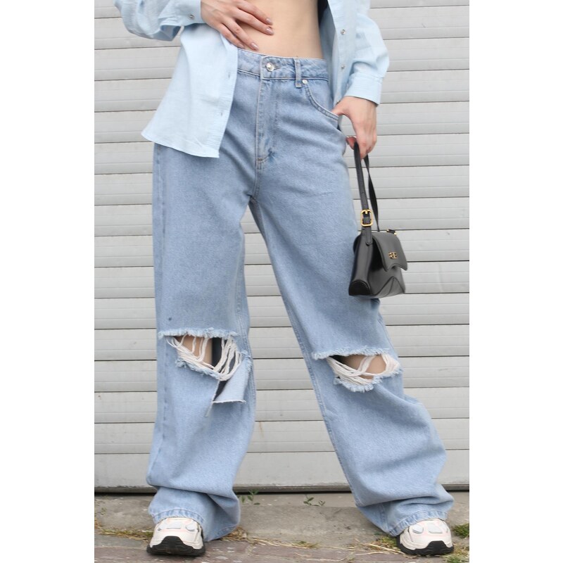 Madmext Blue Regular Fit dámske roztrhané detailné džínsy 50566679