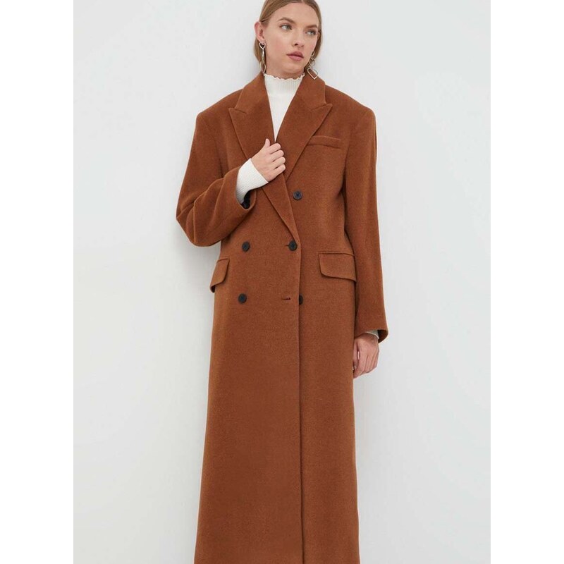 Vlnený kabát HUGO hnedá farba, prechodný, dvojradový