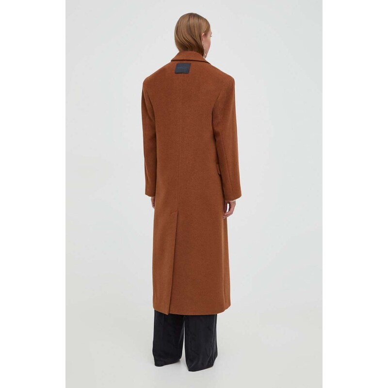 Vlnený kabát HUGO hnedá farba, prechodný, dvojradový