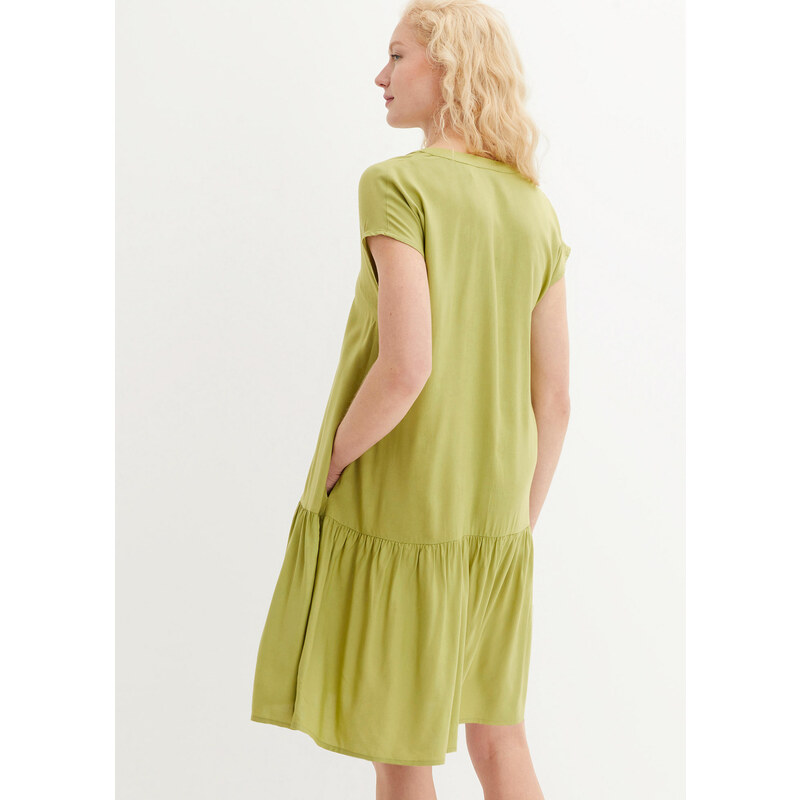 bonprix Tunikové šaty po kolená, s volánom, farba zelená, rozm. 38