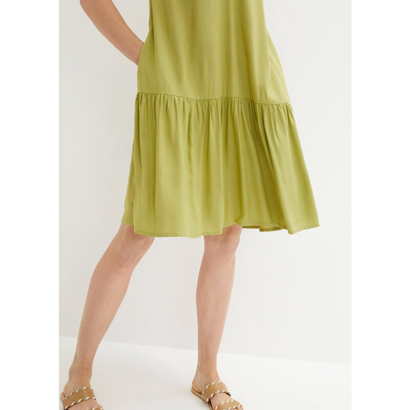 bonprix Tunikové šaty po kolená, s volánom, farba zelená, rozm. 38