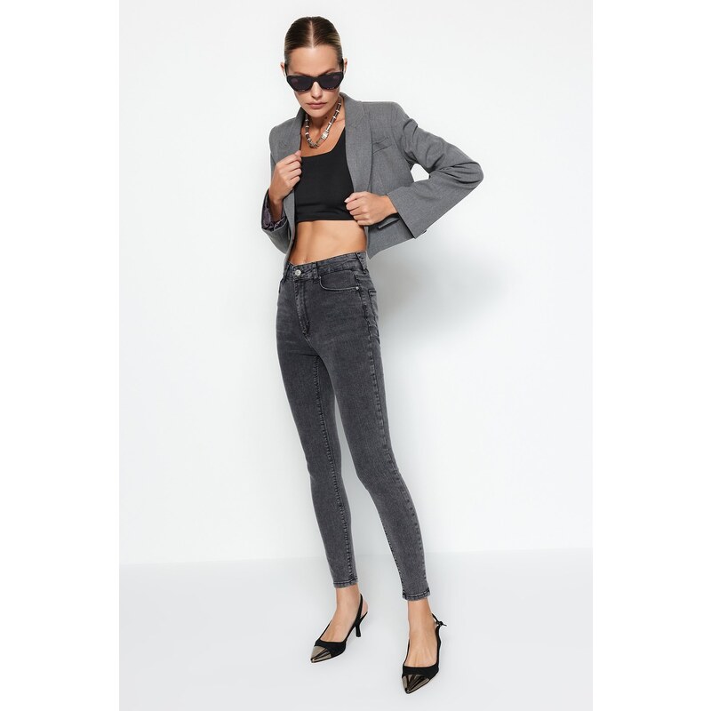 Trendyol antracitové skinny rifle s vysokým pásom 50549161