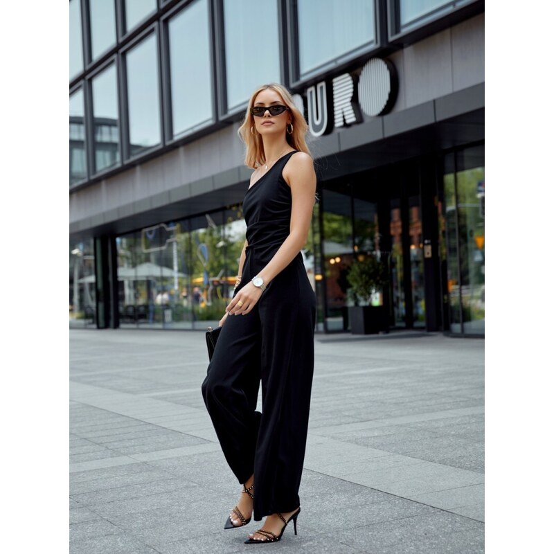 FASARDI Elegant one-shoulder overall with wide legs in black