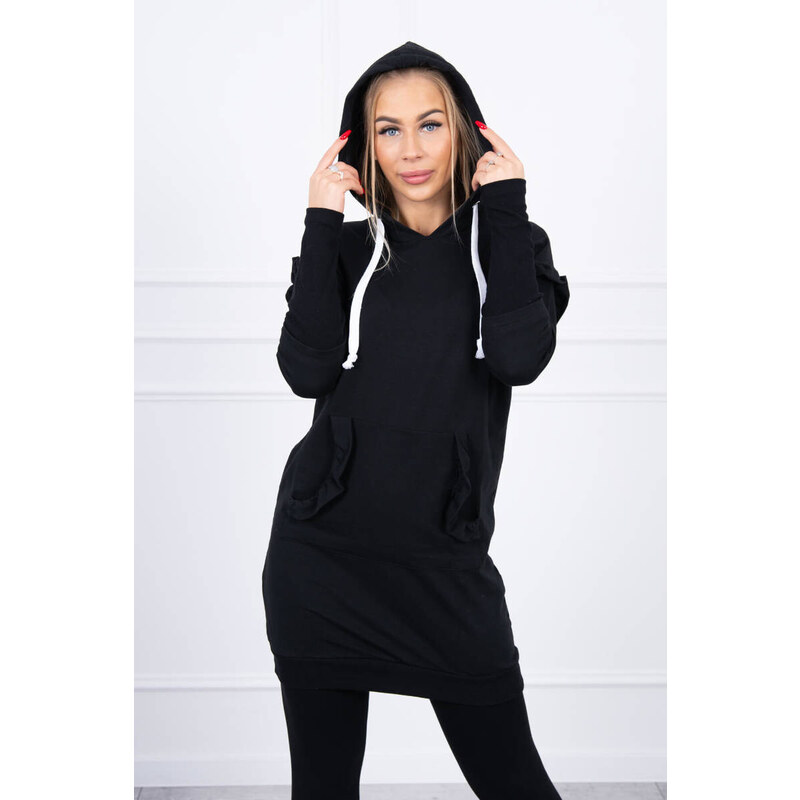 K-Fashion Šaty s ozdobnými volánikmi a kapucňou čiernej farby 49759437