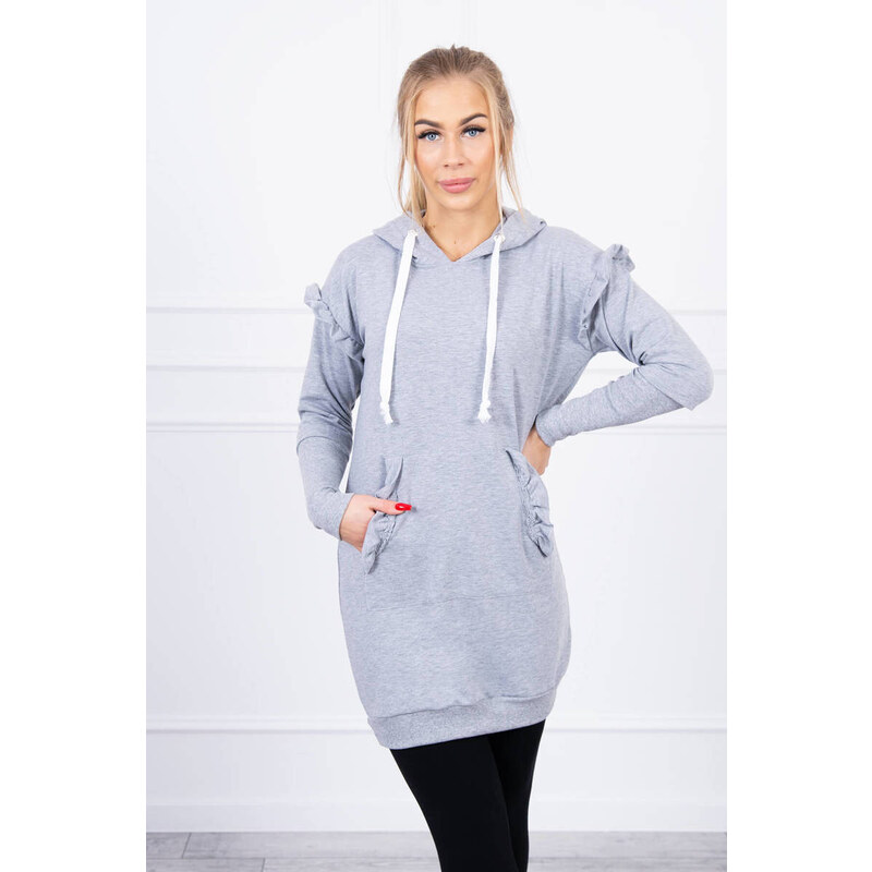 K-Fashion Šaty s ozdobnými volánikmi a kapucňou šedej farby 49759443