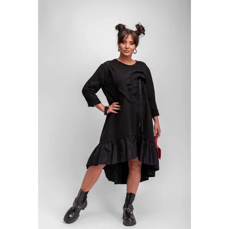 Taliansko Čierne bavlnené šaty so šuštiakovým volánom