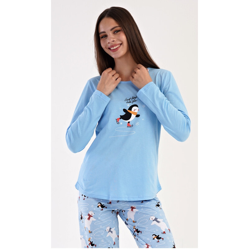 Vienetta Secret Dámske pyžamo dlhé Tučniak na ľade, farba modrá, 70% bavlna 30% polyester