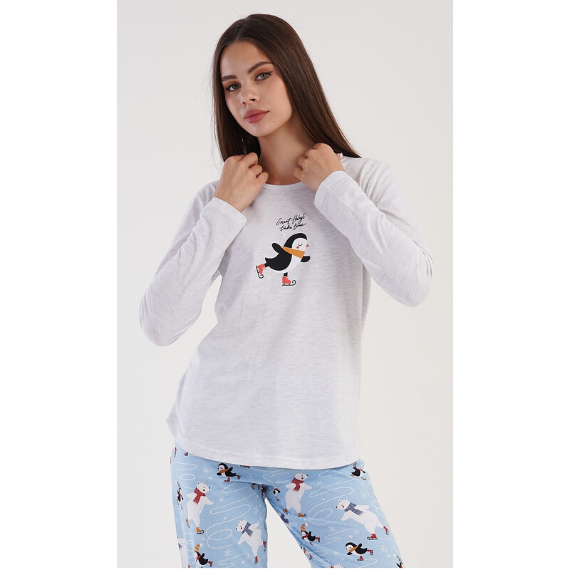 Vienetta Secret Dámske pyžamo dlhé Tučniak na ľade, farba světle šedá, 70% bavlna 30% polyester